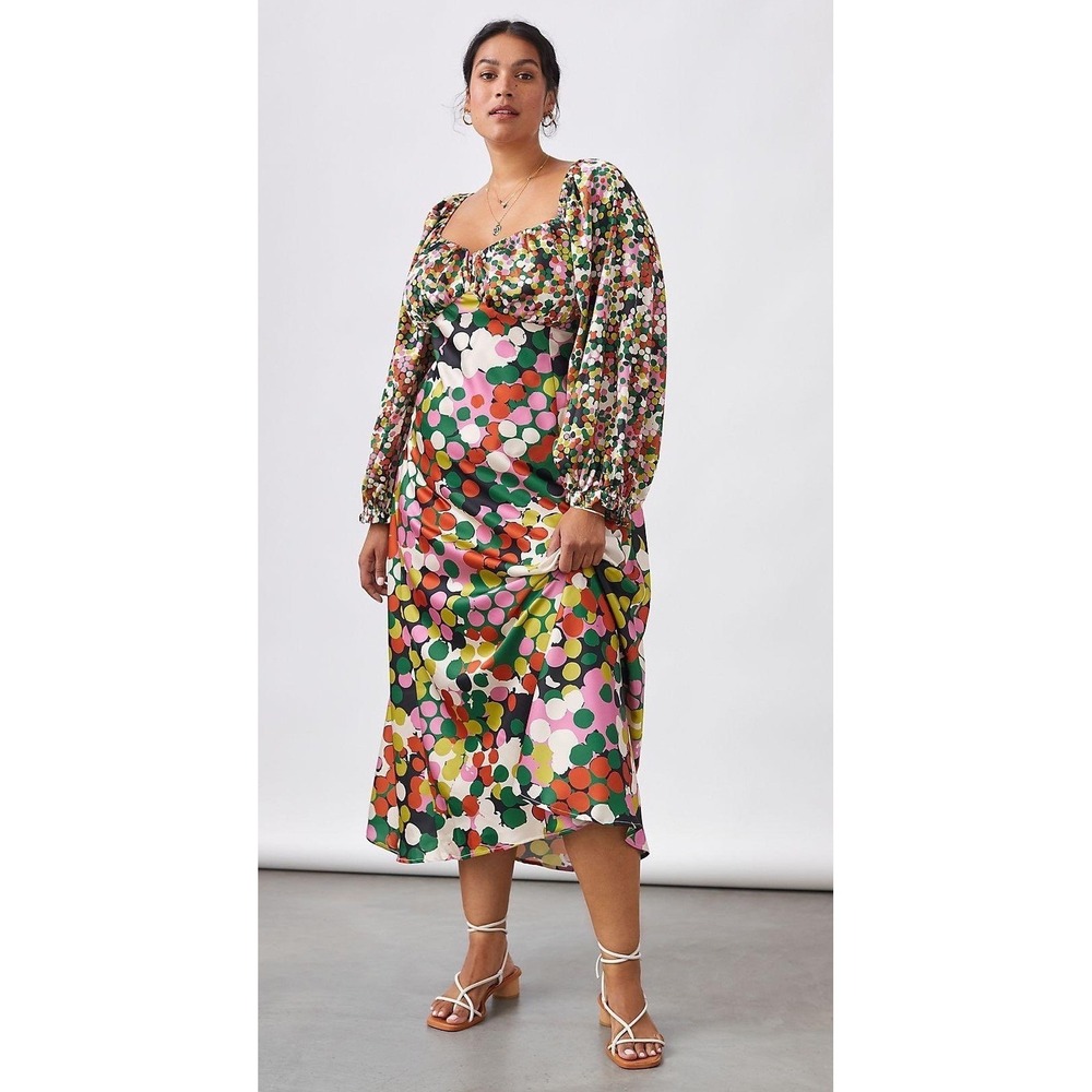 Anthropologie Porridge Polka Dot Open Back Midi Dress Multi-Color Long Sleeve XS